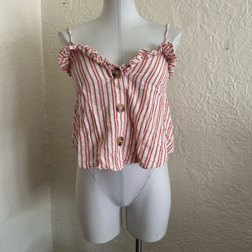Zara Stripes Button Center Cami Camisole Ruffle Trim Tank Top Cotton Linen XS